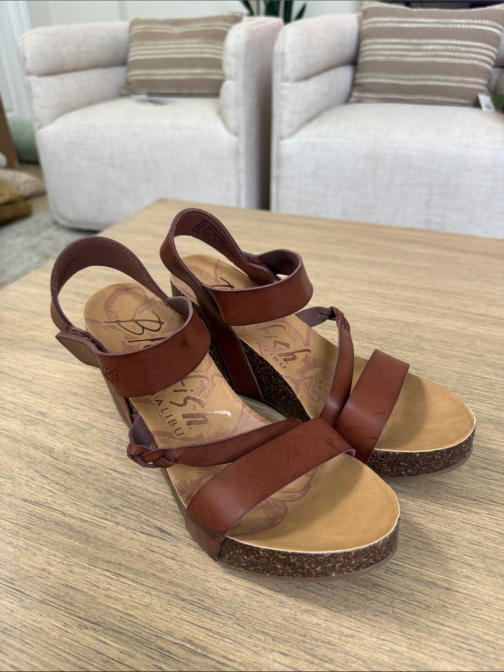 Blowfish Brown Leather-Look Cork Wedge Sandals